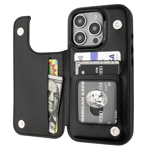 ONETOP for iPhone 16 Pro Wallet Case with Credit Card Holder,Black | Kickstand,ID/Cash Holder,Case Wallet with Card Slots,Double Magnetic Clasp,Durable PU Leather Shockproof Cover for Women Men - color: Black