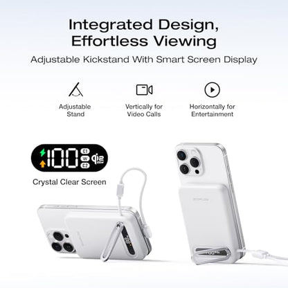 EF ECOFLOW Rapid Mag Power Bank, Qi2.2 25W MagSafe-Compatible Portable Charger, 10,000mAh Magnetic Power Charger with Built-in USB-C Cable and Foldable Stand, for iPhone 17/16/15 - color: White