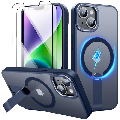 for iPhone 14 Case/iPhone 13 Case, with 2 HD Screen Protectors, Compatible with MagSafe for i Phone 13 Case, Built-in Kickstand, Matte-Clear Magnetic Phone Case for iPhone 13/14, Navy Blue - color: Navy Blue, size: iPhone 13/14 6.1"