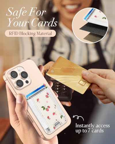 Compatible with Magsafe Wallet Magnetic Card Holder - for Women Leather Phone Wallet Fits 7 Cards Slim RFID Card Holder for iPhone 16/15/14/13/12 for Samsung S25 Ultra/S24 Ultra, Strawberry - style: Color Strawberry