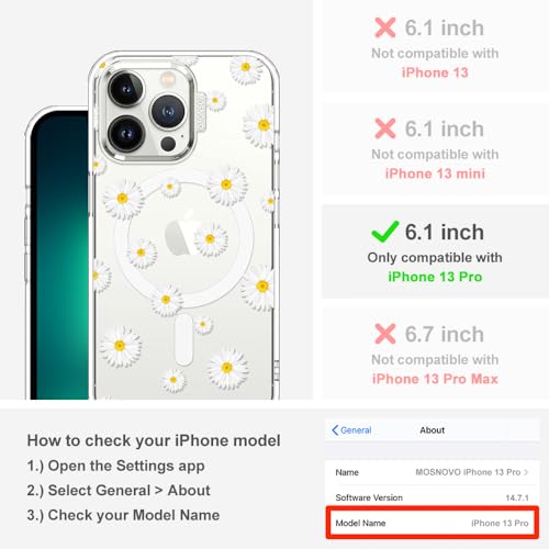 MOSNOVO Case for iPhone 13 Pro, [Compatible with Magsafe] [Buffertech 6.6ft Military-Grade Drop Protection] [Anti Peel Off Tech] Clear Phone Case Design - White Daisy - color: White Daisy, size: iPhone 13 Pro