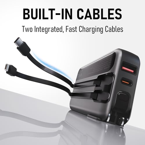 Portable Charger with Built-in Wall Plug and Cables, 22.5W Fast Charging Power Bank, USB-C and Lightning Cables, 4-Device Travel Battery Pack for iPhone, Samsung and iPad - color: Black