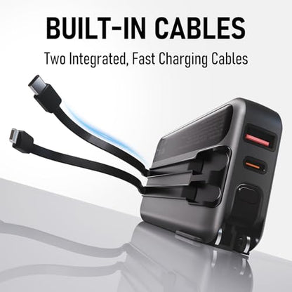Portable Charger with Built-in Wall Plug and Cables, 22.5W Fast Charging Power Bank, USB-C and Lightning Cables, 4-Device Travel Battery Pack for iPhone, Samsung and iPad - color: Black