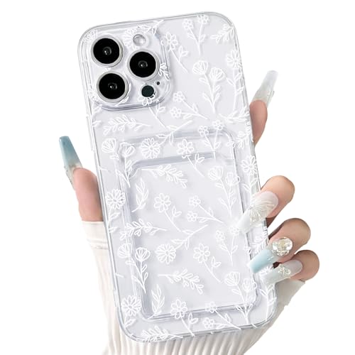 NITITOP Compatible with iPhone 16 Pro Case Clear with Card Holder Cute Flower Floral Leave Pattern for Women Girl Shock-Absorbing Soft TPU Wallet Case Protective Phone Cover - White - color: White, size: iPhone 16 Pro