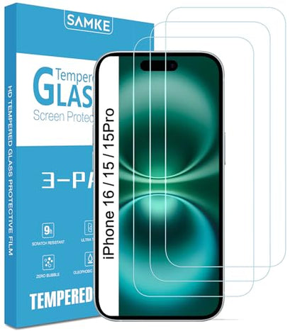 SAMKE 3Pcs Screen Protector for iPhone 15/15Pro and iPhone16 Tempered Glass - size: iPhone 16 and iPhone 15/15Pro
