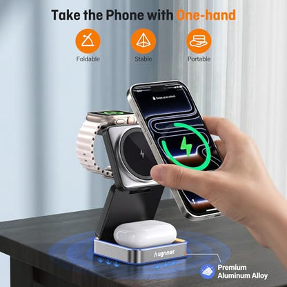 Augnner 3 in 1 Wireless Charging Station for Apple Devices, 15W Foldable Travel Magnetic Charger Stand for Magsafe with Light, for iPhone 18/17/16/15/14/13/12, Apple Watch & AirPods（20W Adapter ） - color: black