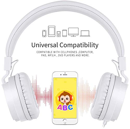 Kids Headphones, Lightweight Stereo Wired Toddler Headphones，Adjustable Headband Children's Headset for Smartphones Computer Pad Earphones(White) - color: White