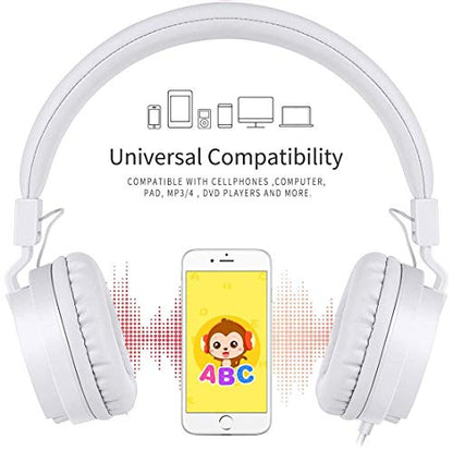 Kids Headphones, Lightweight Stereo Wired Toddler Headphones，Adjustable Headband Children's Headset for Smartphones Computer Pad Earphones(White) - color: White