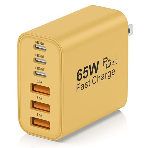 65W USB C Charger Block,6-Port Multi Device Fast Charger PD QC Wall Adapter - color: Yellow, size: 65w
