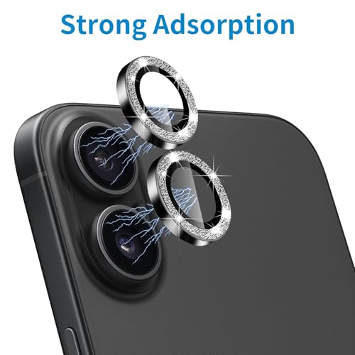 Designed for iPhone 16 and 16 Plus Camera Lens Protector, Bling Glitter Diamond Lens Cover 9H Tempered Glass Camera Cover Anti Scratch Shockproof Screen Protector - color: Black Glitter
