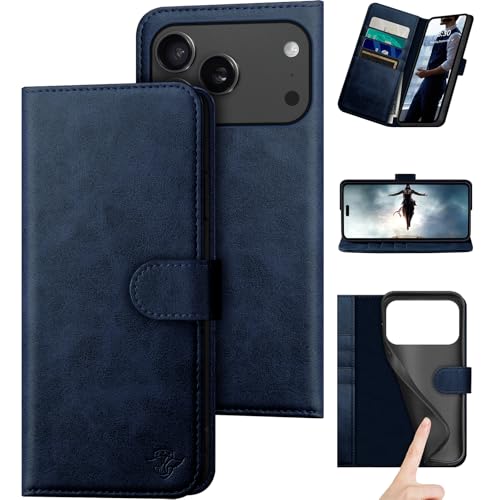 DuckSky Compatible with iPhone 17 Pro Max 6.9" Genuine Leather Wallet case【RFID Blocking】【4 Credit Card Holder】【Real Leather】 Flip Phone case Cover Women Men for Apple 17 Pro Max case Dark Blue - color: Dark Blue