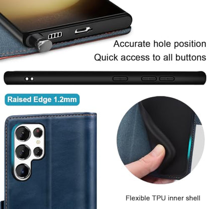 KEZiHOME Genuine Leather Wallet Case for Samsung Galaxy S24 Ultra | Royal Blue/Brown, RFID Blocking Card Slot, Kickstand, Magnetic Protective Phone Folio Cover, Compatible with Galaxy S24 Ultra - color: Royal Blue/Brown