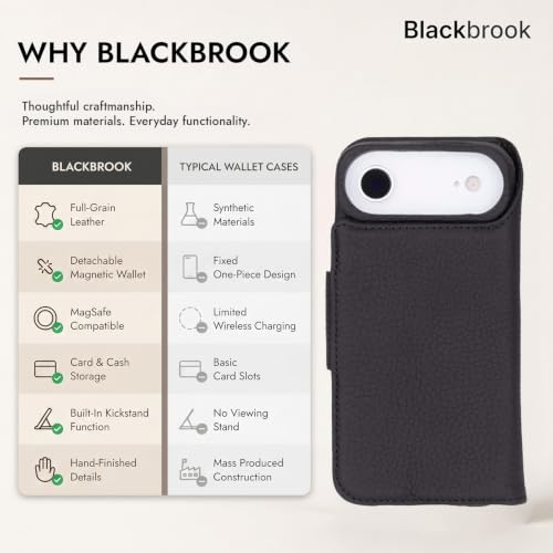 BLACKBROOK Detachable Leather Wallet Case Compatible with iPhone Air | Full-grain detachable folio with RFID blocking, 3 card slots, ID window, built-in kickstand, wireless charging, handcrafted. - color: Pebble Black, size: iPhone 17 Air