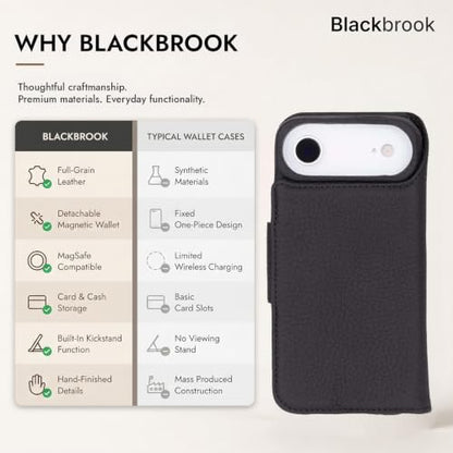 BLACKBROOK Detachable Leather Wallet Case Compatible with iPhone Air | Full-grain detachable folio with RFID blocking, 3 card slots, ID window, built-in kickstand, wireless charging, handcrafted. - color: Pebble Black, size: iPhone 17 Air