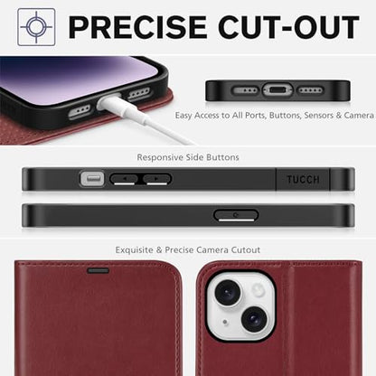 TUCCH Case Wallet for iPhone 14 (6.1") 2022, RFID Blocking Folio, Dark Red | 4 Card Holders, Kickstand, PU Leather, Magnetic Closure, Shockproof TPU Shell, Protective Flip Cover - color: Dark Red