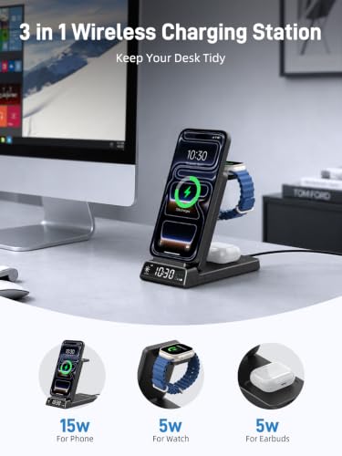 3 in 1 Charging Station for Apple, Travel Wireless Charger with Clock - color: Carbon Fiber