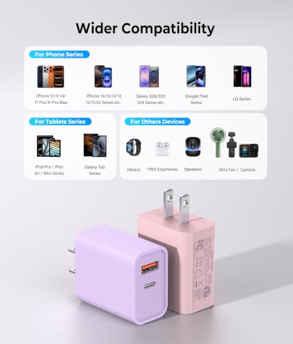 2 Pack USB C Charger Block, 20W USB-C & USB-A Port Charger - color: 2-Pack Pinkish-purple+Ginger Red