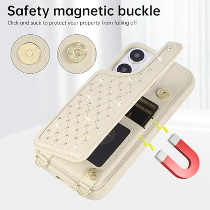 Crossbody Wallet Case for iPhone 12 Pro Max(6.7") with Detachable Strap - PU Leather Flip Folio with Card Slots & RFID Blocking, Sparkling Diamond Accents-Beige - color: Beige, size: iPhone 12 Pro Max(6.7")