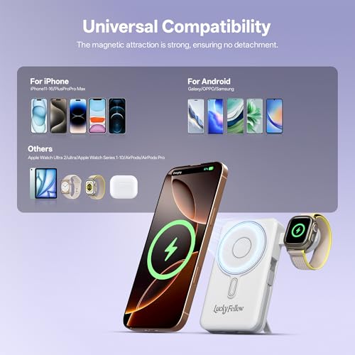 Magnetic Portable Charger Built-in Cables,10000mAh Fast Charging Wireless Charger Station External Battery Pack Slim Pocket Size Power Bank with Stand Compatible with iWatch, iPhone - color: White