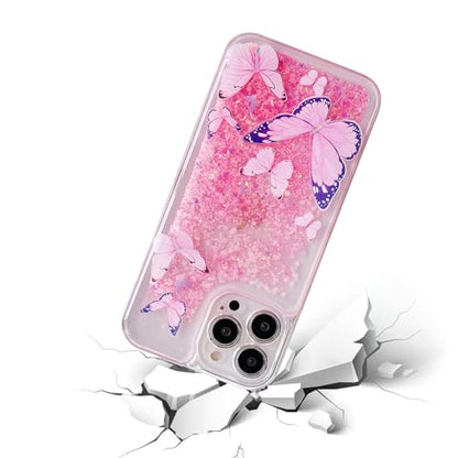 Compatible with iPhone 15 Pro Max Glitter Butterfly Case Glow in The Dark Women Girls Girly Bling Sparkle Flowing Quicksand Light up Case Soft TPU Bumper Luminous Clear Phone Cover, Pink - color: Pink, size: iPhone 15 Pro Max