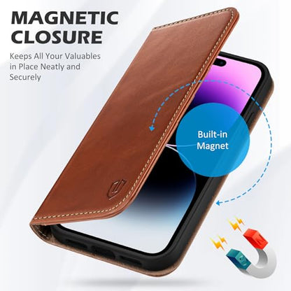 SHIELDON Genuine Leather Case Wallet for iPhone 14 Pro 6.1", Retro Brown | Folio Magnetic Closure, RFID Blocking, Credit Card Holder, Kickstand, Shock Absorbing Protective Cover - color: Brown - Retro
