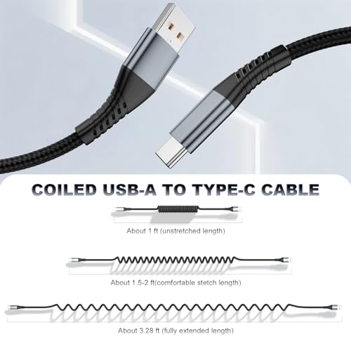 FOXSEA USB A to USB C Cable Coiled & Braided for iPhone 17/16/15 (1-3ft) - color: Black-2Pack