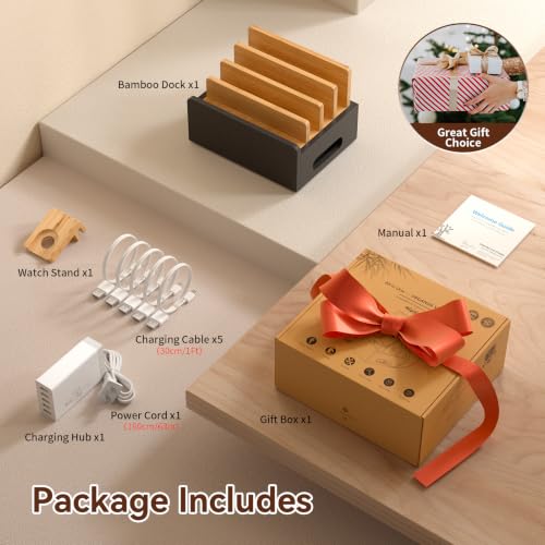 Pezin & Hulin Bamboo Charging Station with USB Charger&Cables-Natural+Black - color: Natural + Black(With Charger)