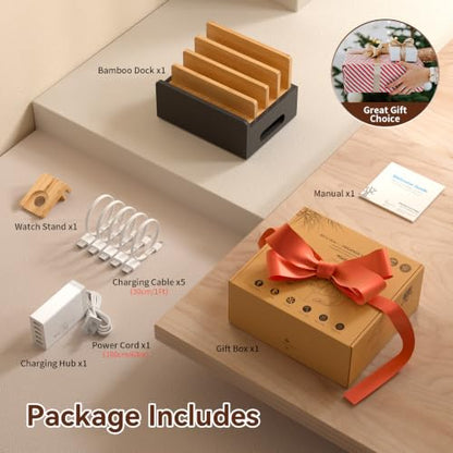 Pezin & Hulin Bamboo Charging Station with USB Charger&Cables-Natural+Black - color: Natural + Black(With Charger)
