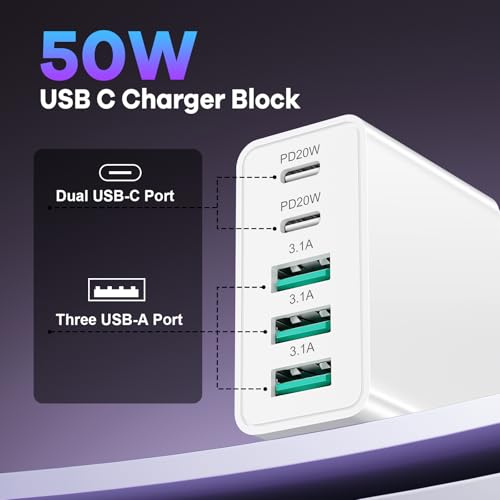 2Pack 5-Port USB C Charger Block, 50W Fast Charging Blocks 3 USB-A+2 USBC - color: White (3A+2C)