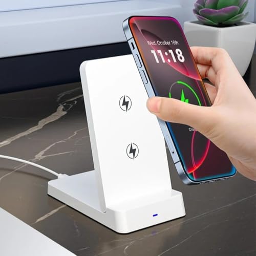 15W Double Coil Wireless Charger Foldable Phone Holder Stand for iPhone 17 16 15 14 13 12 Pro Max Samsung Xiaomi Fast Charging Station (White) - color: White