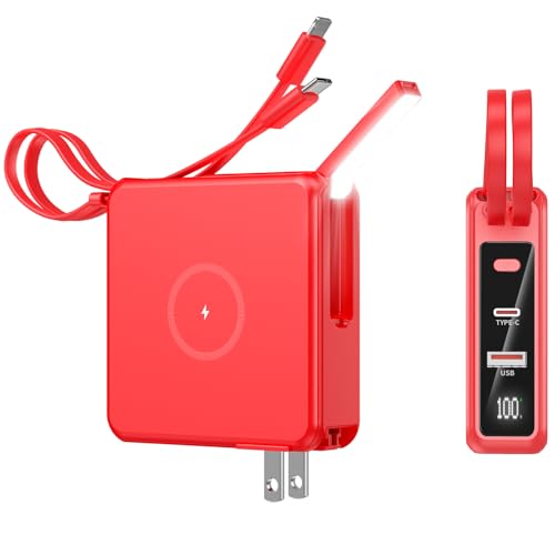 Wireless Charging Portable Charger with Built-in Cables & AC Wall Plug, 10000mAh Power Bank with LED light, PD 22.5W Fast Charging Travel Portable Charger for iPhone, Samsung, Android(No-Magnetic)