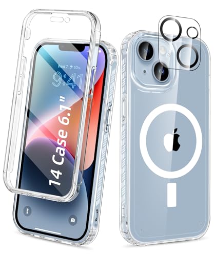 Magnetic for iPhone 14 Case Built-in Screen Protector, Clear | with Camera Lens Protector, [Compatible with MagSafe] Full Body Phone Case, Protective Cover for iPhone 14 6.1" - color: Clear, size: iPhone 14 6.1"