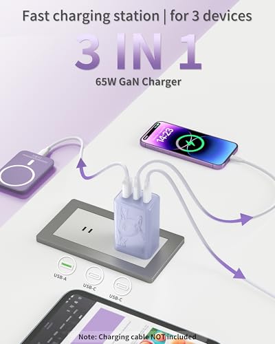 65W USB C GaN Charger,Dual USB-C & USB-A Fast Charger Block, USBC wall Charger Compatible with Galaxy S25/S24/ Ultra, iPhone 16/15 Series, iPad mini, MacBook Pro/Air(Purple) - color: Light Purple Orca