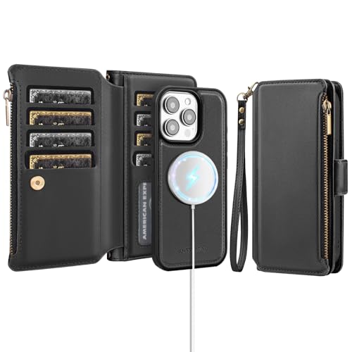 Antsturdy Compatible with MagSafe iPhone 14 Pro Wallet Case,Black | Detachable Magnetic Credit Card Holder,RFID Blocking,PU Leather Zipper Purse,Wrist Strap Kickstand,Flip Phone Cover for Women - color: (Detachable with Magsafe)-Black