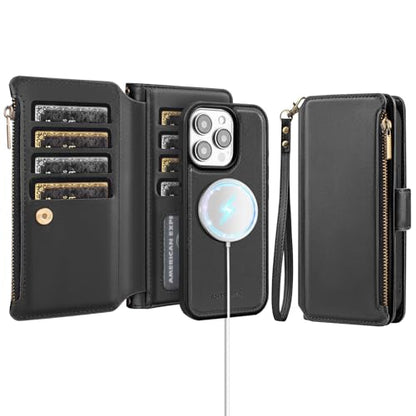 Antsturdy Compatible with MagSafe iPhone 14 Pro Wallet Case,Black | Detachable Magnetic Credit Card Holder,RFID Blocking,PU Leather Zipper Purse,Wrist Strap Kickstand,Flip Phone Cover for Women - color: (Detachable with Magsafe)-Black