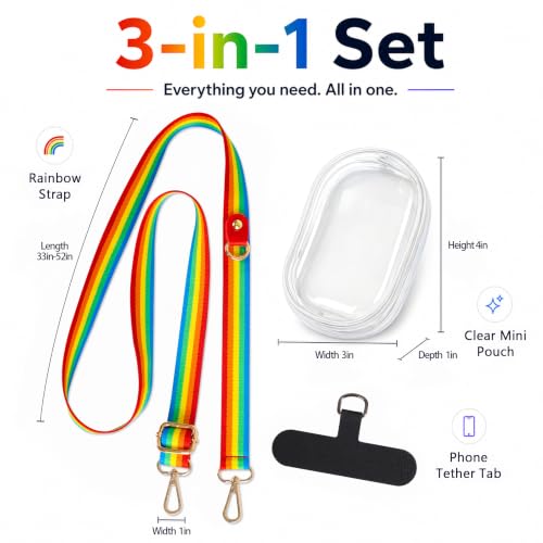 chushui Clip and Go Strap for Phone with Wallet Crossbody, Adjustable Anti-Theft Cell Phone Lanyard,Purse Strap with Zippered Pouch, for Women - color: Rainbow + Clear Pouch + Phone Shim