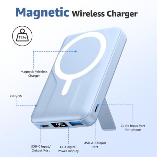 Azmuth for MagSafe Portable Charger, 10000mAh Magnetic Power Bank 20W PD | Fast Charging,Wireless Battery Pack with LED Display & Stand,Travel Essentials,for iPhone 17/16/15/14/13/12 Series - color: Light Blue
