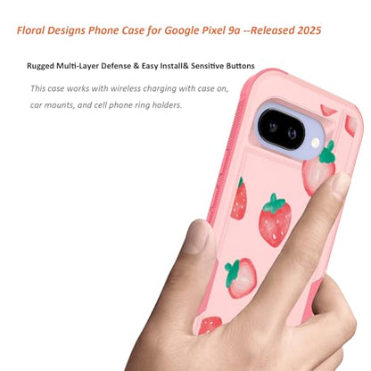 for Google Pixel 9a Case 2025: (Strawberry) | Cute Flowers Floral Design, for Girls Women, Military Grade Drop Protection, TPU Bumper Shockproof Silicone Phone Cover - color: Strawberry