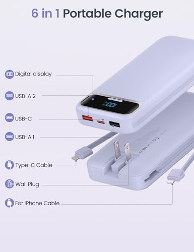 aonidi Portable Charger 12000mAh with Built-in Cables&AC Wall Plug, Purple - color: Purple