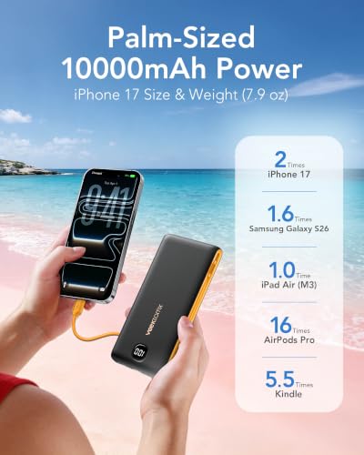 VEEKTOMX Portable Charger with Built-in Cables and AC Wall Plug, 10000mAh - color: Black+Yellow