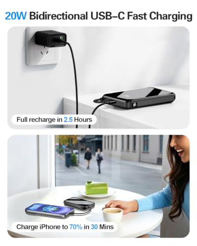 golioklsy Portable Charger Power Bank, 10000mAh Phone Charger with Built-in Cable, 20W PD Fast Charging, Slim Battery Pack with LED Display, Travel Essential for iPhone 17/16/15/14 All Series, Black - color: 01.Black