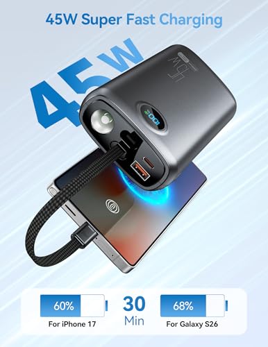 DIAMUAR Portable Charger 20000mAh 45W, Built in USB C Cable, 3W Flashlight - color: Black