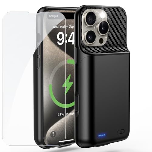 Battery Case for iPhone 15 Pro Max (6.7 inch), 2026 Upgraded High Capacity 13800mAh Battery Pack Rechargeable Charger External Charging Case with Tempered Glass Screen Protector Black - size: iPhone 15 Pro Max