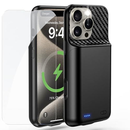 Battery Case for iPhone 15 Pro Max (6.7 inch), 2026 Upgraded High Capacity 13800mAh Battery Pack Rechargeable Charger External Charging Case with Tempered Glass Screen Protector Black - size: iPhone 15 Pro Max