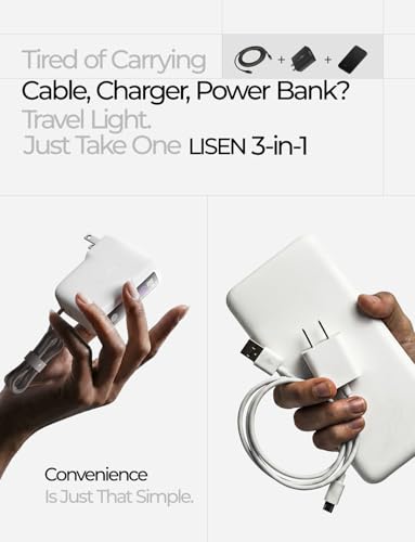 LISEN Mini 3in1 Portable Charger for iPhone 18 Pro/Pro Max/Duo, 3.3FT Cable - color: Pearl White