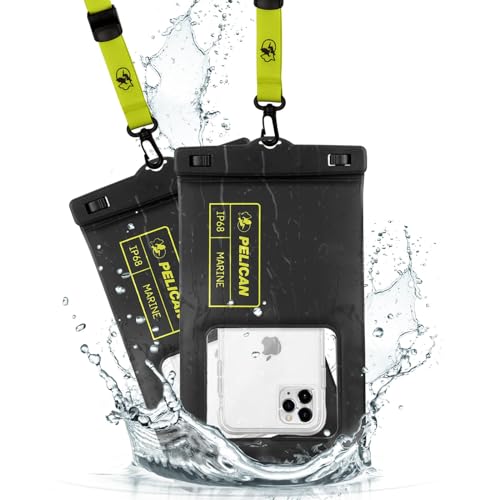 Pelican 2 Pack Marine Waterproof Phone Pouch (XL) - Black/Hi-Vis Yellow | Touchscreen IP68 Floating Waterproof Phone Case w/Detachable Lanyard - Fits All Phones - Beach Cruise Ship Travel Essentials - color: Black/Neon - 2 Pack - XL, size: XL, style: 2 Pa