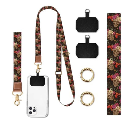 Phone Lanyard Crossbody Wrist Strap, Universal Adjustable Neck Strap for Phone Case Keys ID Badges, Travel Essential - color: Luxury Flower Skulls