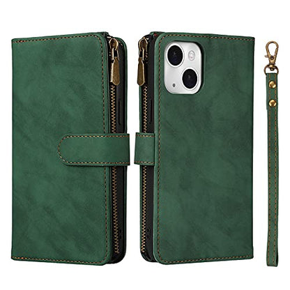 iCoverCase Compatible with iPhone 13 Wallet Phone Case with Card Holder, PU Leather Zipper Pocket Magnetic Detachable Flip Case with Wrist Strap (Green) - color: Detachable--Green