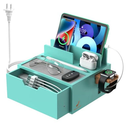 Pezin & Hulin Bamboo Charging Station with Power Charger & Cables-Teal - color: #3 Bamboo- Teal(With Charger)
