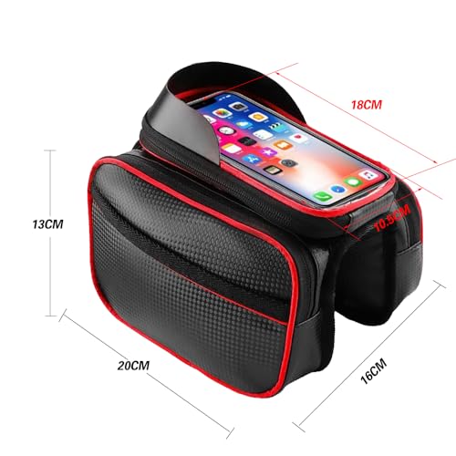Bicycle Front Frame Bag with Touchscreen Phone Holder, Waterproof, Carbon Patterned Fabric, Top Tube Cycling Pouch(Upgrade Red) - color: Upgrade Red